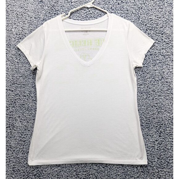 True Religion V Neck T Shirt Size LG Slim Fit Y2K Graphic Print Preppy White - Picture 2 of 11